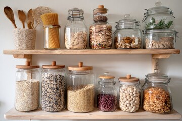 Wooden shelves filled with glass jars of various dried goods.  Kitchen pantry