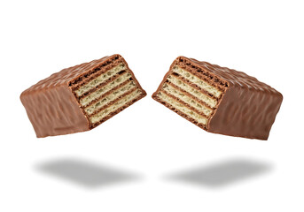 Two Chocolate Wafer Bars in Mid-Air, Delicious Layers, Sweet Treat, Isolated on White Background