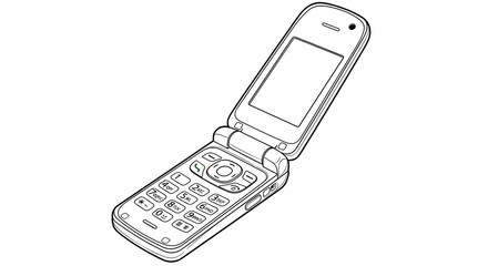 A line drawing of a flip phone with the screen open and buttons visible on a white background space