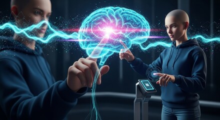 Exploring the Human Brain Through Technology - Two individuals interact with a brain visualization, showcasing advanced brain technology and futuristic concepts