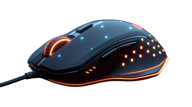 Futuristic wired gaming mouse glowing with RGB lights. Ergonomic design isolated on white. Transparent PNG.Transparent PNG for tech visuals Isolated on transparent background, png