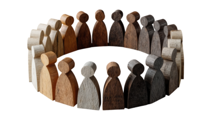 Circle of diverse figures, various shades of wood