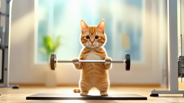Orange tabby cat standing upright, holding barbell in bright indoor gym setting. Cat mimics human weightlifting pose on exercise mat with fitness equipment.