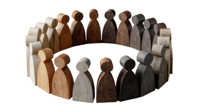 Circle of diverse figures, various shades of wood