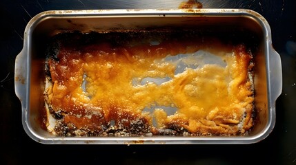 Burnt food residue in baking pan after cooking disaster kitchen cleaning needed