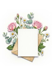 Floral Envelope with Blank Notecard - Watercolor illustration of a blank notecard nestled in a kraft envelope, adorned with pink roses, daisies, and eucalyptus leaves