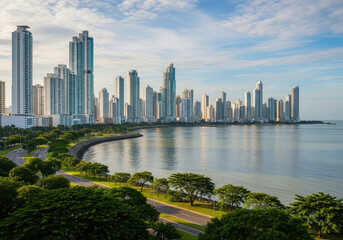 Obraz premium Panoramic view of Panama City skyline, modern skyscrapers lining a calm bay, lush greenery along the waterfront.