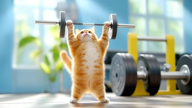 Orange tabby cat standing upright lifting barbell in bright fitness studio with blue walls and exercise equipment. Humorous fitness concept with playful cat mimicking human workout.