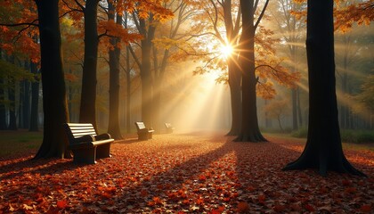 Autumn forest path bathed in golden sunlight, framed by tall trees and fallen leaves. evoking warmth, serenity, and the perfect concept for nature retreats and seasonal wellness campaigns