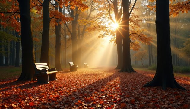 Autumn forest path bathed in golden sunlight, framed by tall trees and fallen leaves. evoking warmth, serenity, and the perfect concept for nature retreats and seasonal wellness campaigns