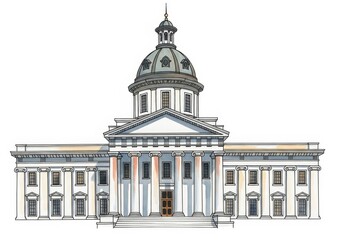 Obraz premium Grand Civic Building Illustration - A detailed illustration of a majestic civic building, showcasing classical architecture with a prominent dome and columns