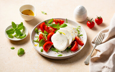 Caprese salad with tomatoes, mozzarella cheese and fresh basil. Beige background. Close up.