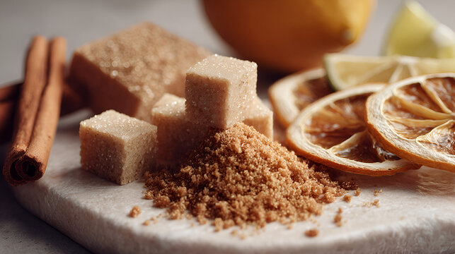 Sugar cubes, cinnamon, and dried citrus slices arranged on a stone surface, creating a warm, inviting scene.