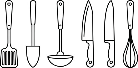 Collection of hand drawn kitchen utensils and cooking tools