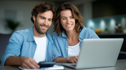 A couple working together on a home renovation budget using a laptop and notepad. A practical and straightforward scene, perfect for content about finance, renovation, lifestyle, and planning