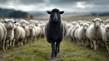 Fototapeta premium Unique black sheep leading flock on overcast day in lush green meadow surrounded by white sheep under dramatic sky