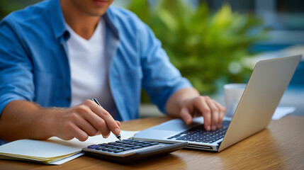 Couple working together to calculate home renovation costs using a laptop and notebook. Practical and relatable scene ideal for finance, budgeting, home improvement, and lifestyle content