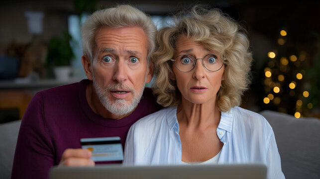 Senior couple reviewing credit card statements with worried expressions. Relatable and informative scene ideal for finance, retirement, budgeting, and money management content