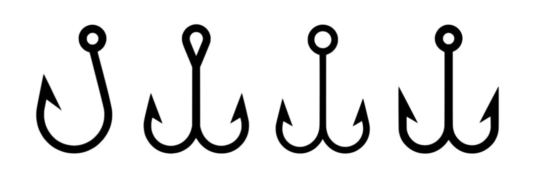 Fishing hook icon set. Collection of single and double fishing hooks. Vector illustration of sharp fish hooks in black. Simple, minimalist design elements for fishing, nautical, or outdoor themes.