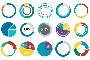 Set of colorful circle graphs and donut charts in flat style for infographics and presentations. Donut chart pack. Colorful pie graphs. Circle data visualizations. Infographic templates set.