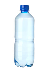 Naklejka premium Plastic water bottle with blue cap isolated on white background