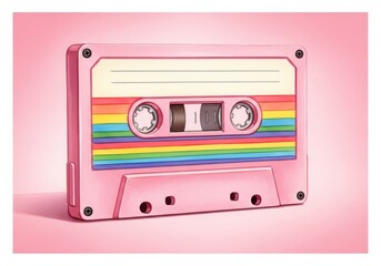 Obraz premium Pink Cassette Tape Close-Up - A vibrant close-up shot of a pink cassette tape featuring a rainbow stripe design. Symbolizing nostalgia, music, retro technology, 80s , and joyful memories