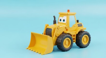 Fototapeta premium Playful Yellow Bulldozer Toy on Blue - Adorable cartoon bulldozer, cheerful expression, vibrant yellow, light blue background, symbolizes joy, construction, playfulness, childhood, and imagination