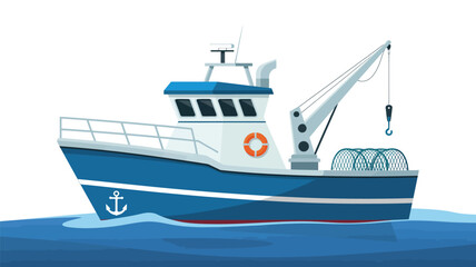 Obraz premium Fishing boat illustration in blue and white with anchor symbol, crane hook, cabin, lifebuoy, and deck gear floating on water