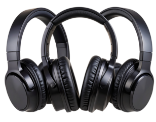 Three black over-ear headphones with sleek designs, positioned side by side at varyin