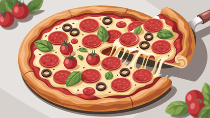 Pizza illustration with pepperoni, olives, tomatoes, basil leaves, and melted cheese slice being lifted—perfect for food and lifestyle visuals