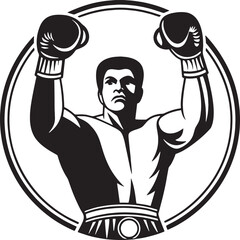 Classic line-art illustration of a male boxer in a raised arm stance within a round badge-style border, ideal for branding or sports graphics.