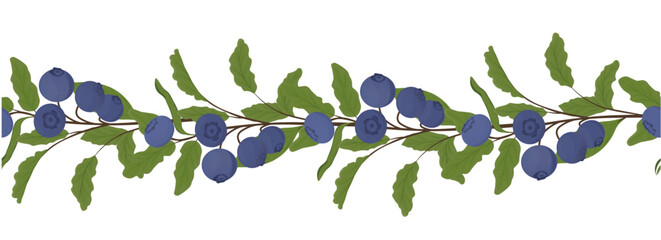 Delicious blueberries. Ripe juicy berries. Gifts of the forest. Seamless border, frame. Vector stock illustration. Isolated on a white background.