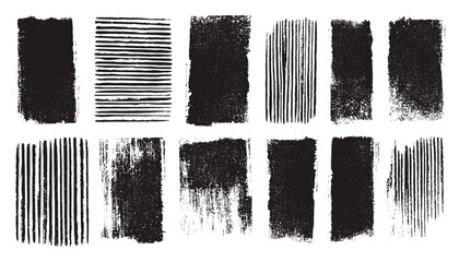 Relief printing textures collection featuring grungy linocut patterns. Rough textured squares and rectangles in varied widths with lino ink stains. Artistic grunge backgrounds set