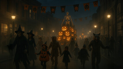 Dark Halloween street parade with glowing jack-o'-lantern float and people in spooky costumes at night