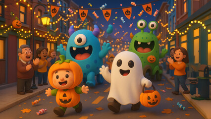 Fototapeta premium Adorable kids in ghost and pumpkin costumes leading a cheerful Halloween parade down a festively decorated street with playful monsters