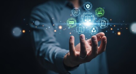 Secure Future: Compliance and Law - A hand holds icons representing data security, legal compliance, privacy protection, risk management, and ethical technology.