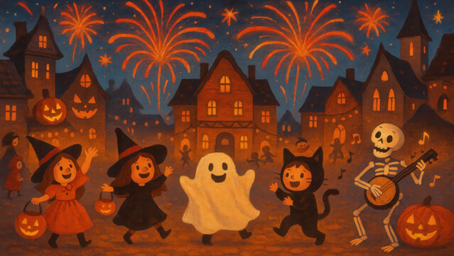 Charming Halloween night celebration with children in costumes dancing under fireworks in a festive village square