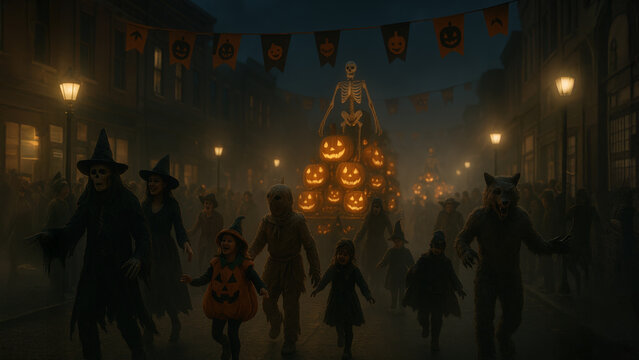 Dark Halloween street parade with glowing jack-o'-lantern float and people in spooky costumes at night