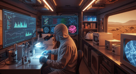 Scientist in hazmat suit working in a mobile laboratory on a mars like planet looking at data graphs