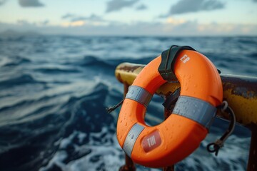 An orange life buoy hanging on a rusty railing against a backdrop of deep blue ocean waves under a cloudy sky., water protection, sea rescue
