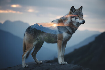 Photo of majestic wolf standing on a rock with mountain landscape double exposure