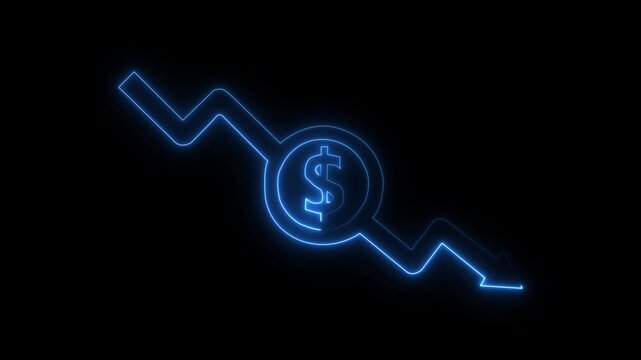 Money loss concepts. Cash down, arrow and dollar stocks graph, market fall. neon down arrow stocks graph with black background.4k video, black,background,