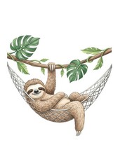 Obraz premium Sloth Serenity: Jungle Hammock Dreams - A sloth naps peacefully in a hammock strung between lush jungle leaves, symbolizing relaxation, tranquility, nature's peace, escape, and slow living
