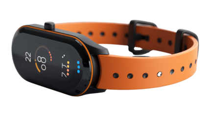 Modern fitness smartwatch with orange strap and health tracking display. Transparent PNG.Isolated wearable device on white.  for tech and lifestyle use. Isolated on transparent background, png