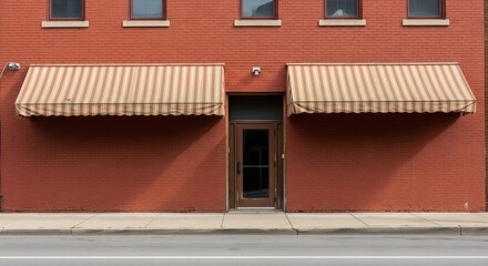 Storefront Building with Striped Awnings - A red brick storefront building with two striped awnings and a brown door.