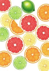 Summer Citrus Fruits Slices - Vibrant citrus fruit slices, including oranges, grapefruits, limes, and lemons, arranged on a white background. Symbolizing freshness, health, summer, and vitality