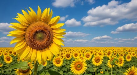 Obraz premium Sunflower Field Under Blue Sky - Vibrant sunflower in a vast field under a bright blue sky with fluffy clouds. A beautiful summer scene