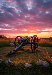 Sunset Cannon on Hilltop - A historic cannon sits on a grassy hilltop at sunset, with vibrant colors painting the sky. The scene evokes a sense of history and peace