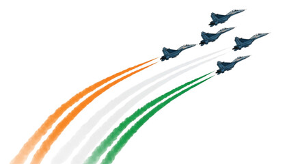 A formation of six fighter jets flying in formation, leaving trails of saffron, white, and green smoke.