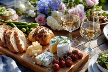 Celebration with wine, cheese, and fresh strawberries at a garden picnic in daylight